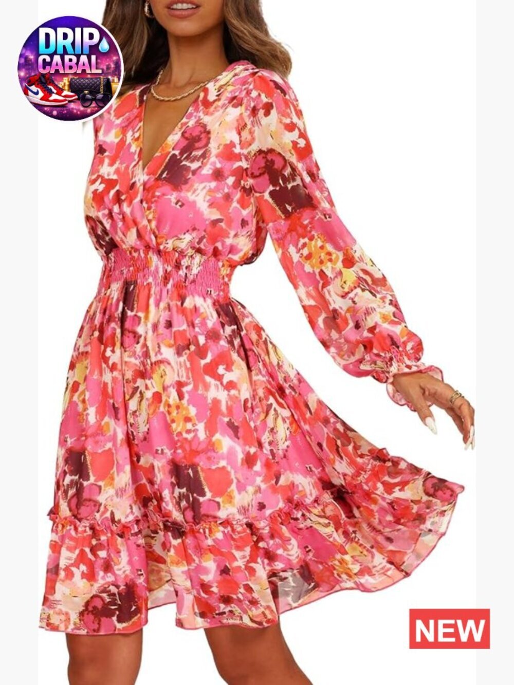Floral Chiffon Long Sleeve Mini Dress Flowy A-Line Wrap Neck Tie Back